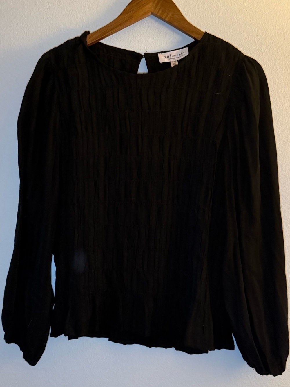 Philosophy Black Pleated Long-Sleeve Blouse